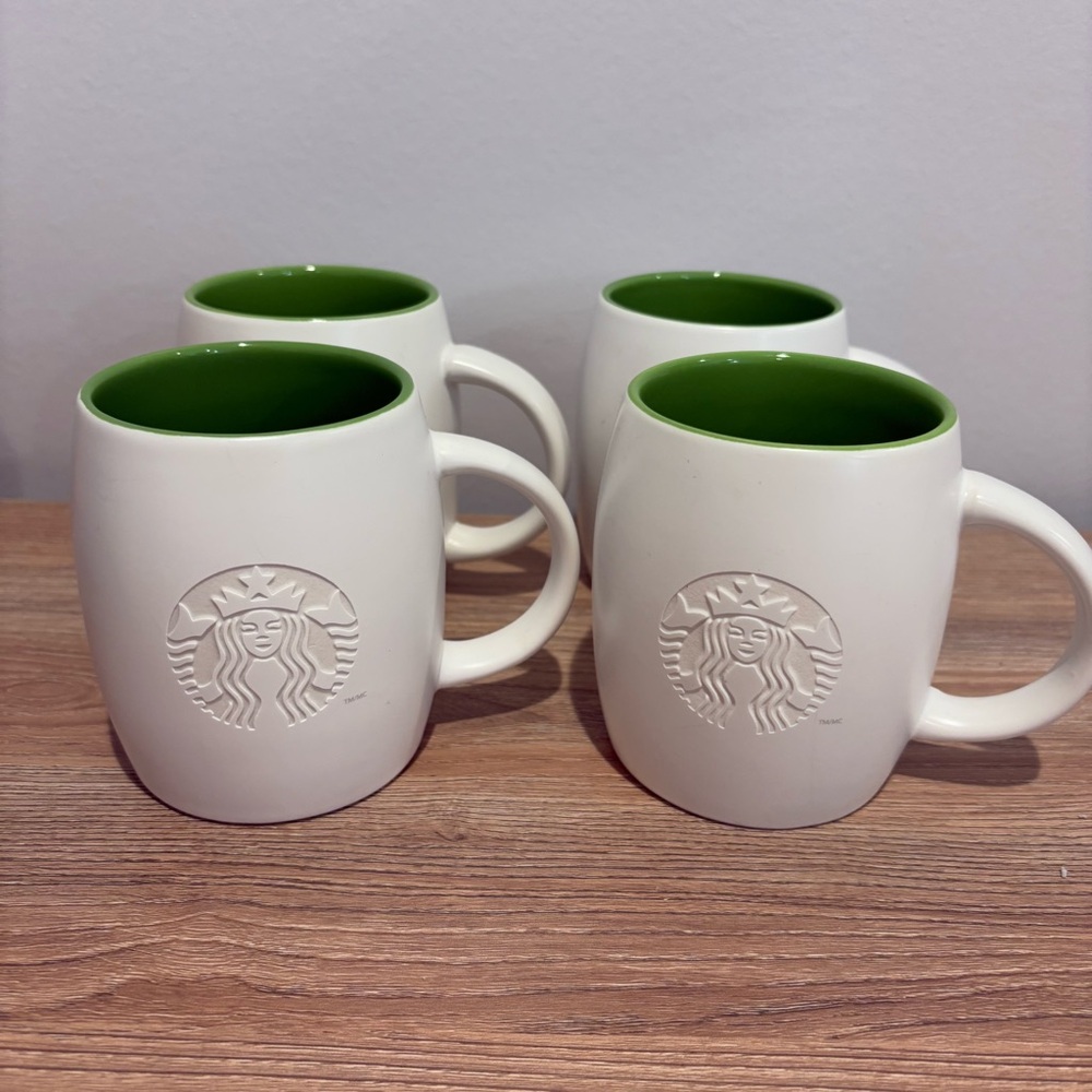 Set of 4 Starbucks 2011 Matte White Barrel Coffee Mug Cup Etched Mermaid Logo